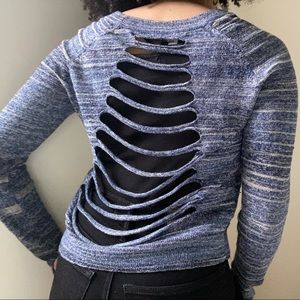 BCBGMaxazRia blue slashed back blue knit sweater